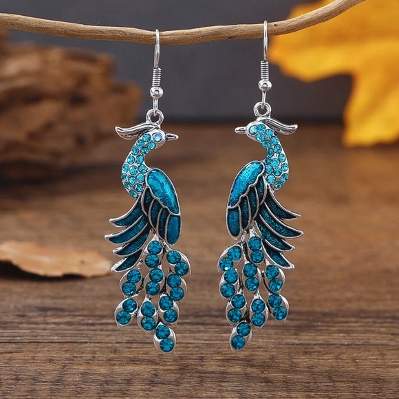 Any 4/$25! Silver Blue Crystal Peacock Drop Earrings - Picture 2 of 5